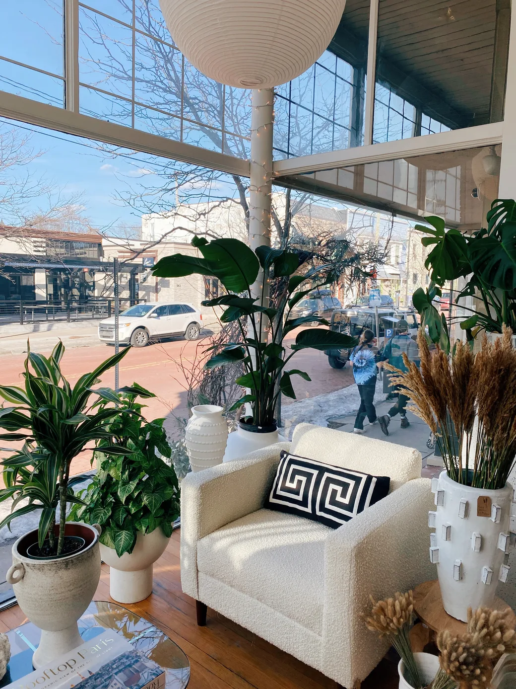 Sunlit window seat inside Commune: a bouclé armchair with a Greek-key pillow, paper lantern, pampas grass and plants, looking out onto Cherry Street.